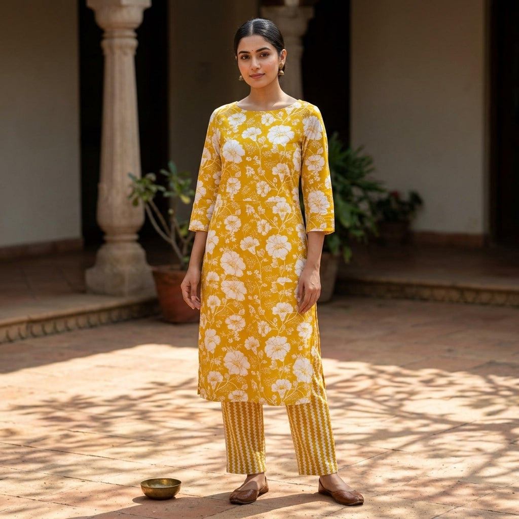 Yellow Cotton Cord Set Floral