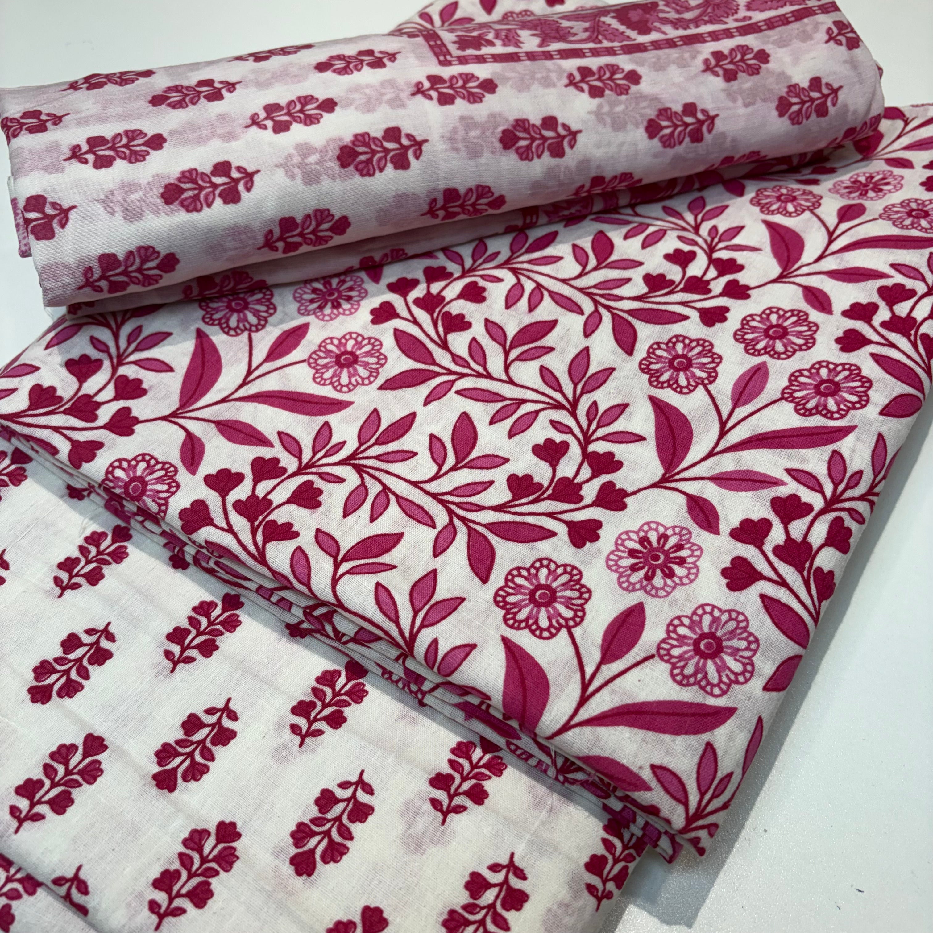 Pink and White Floral Cotton Set Material