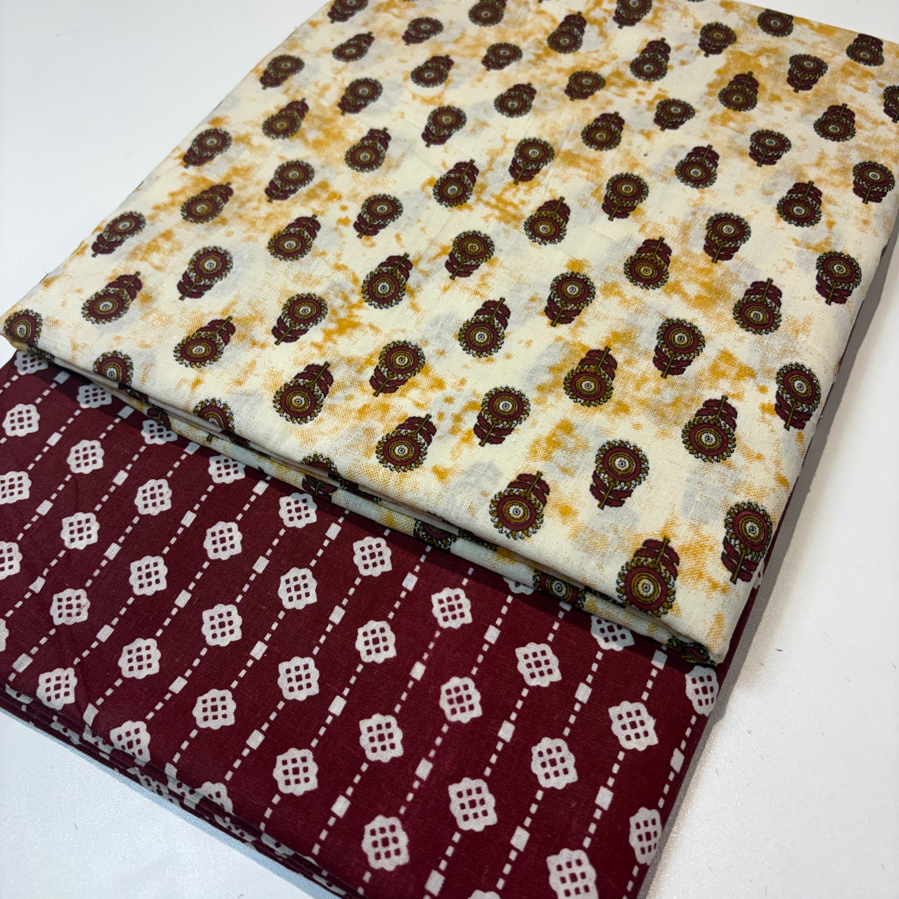 Cream and Maroon Cotton Cord Set Material