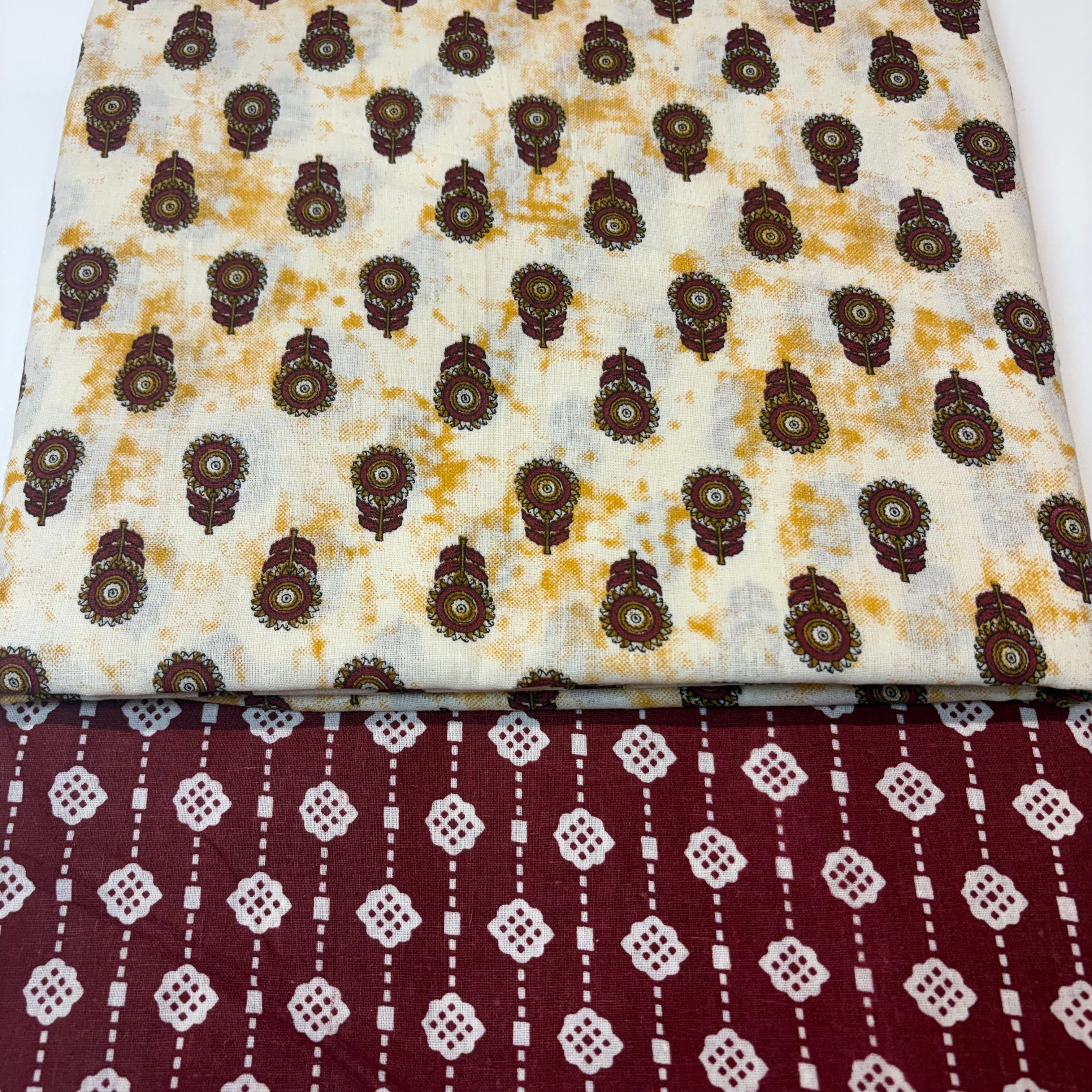 Cream and Maroon Cotton Cord Set Material