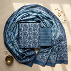 Blue Floral Cotton Set With Dupatta