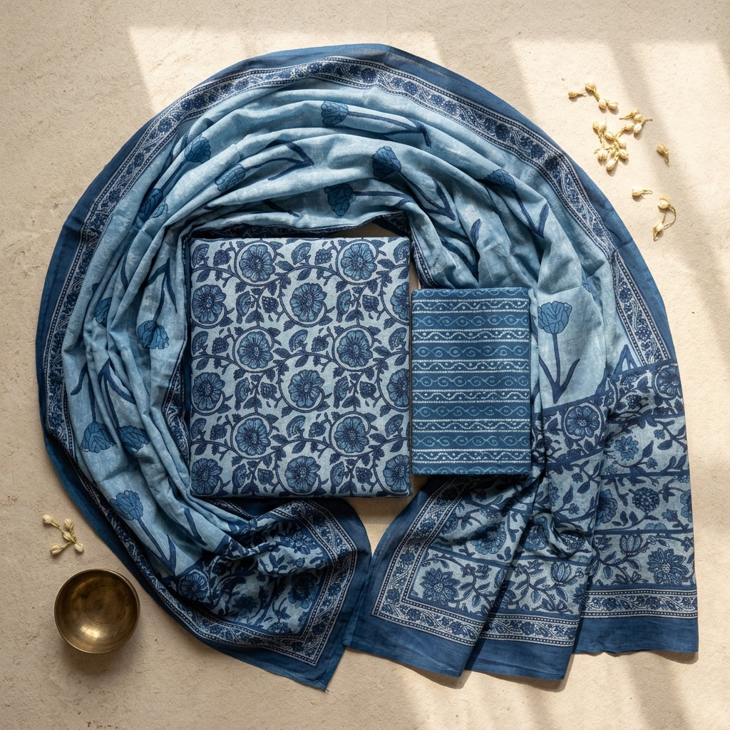 Blue Floral Cotton Set With Dupatta