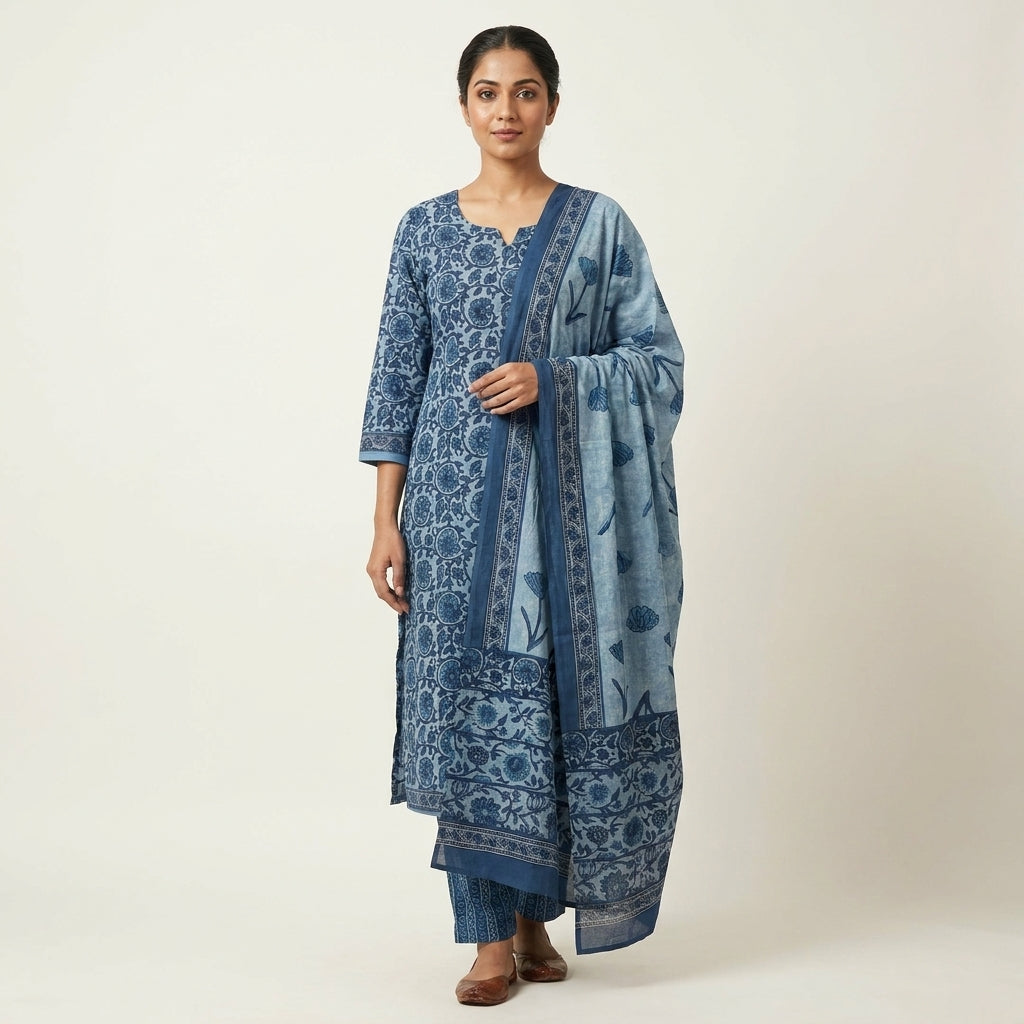 Blue Floral Cotton Set With Dupatta
