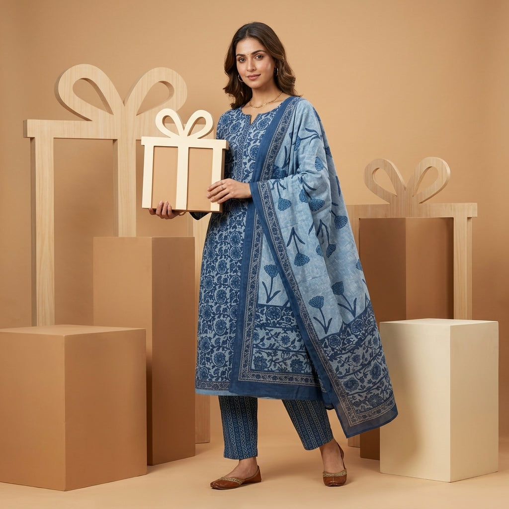 Blue Floral Cotton Set With Dupatta