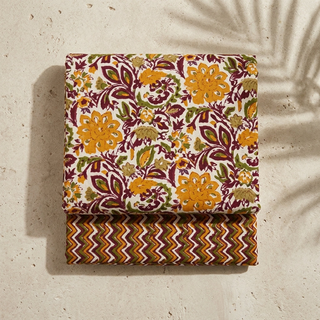 Maroon and Yellow Cotton Cord Set Material