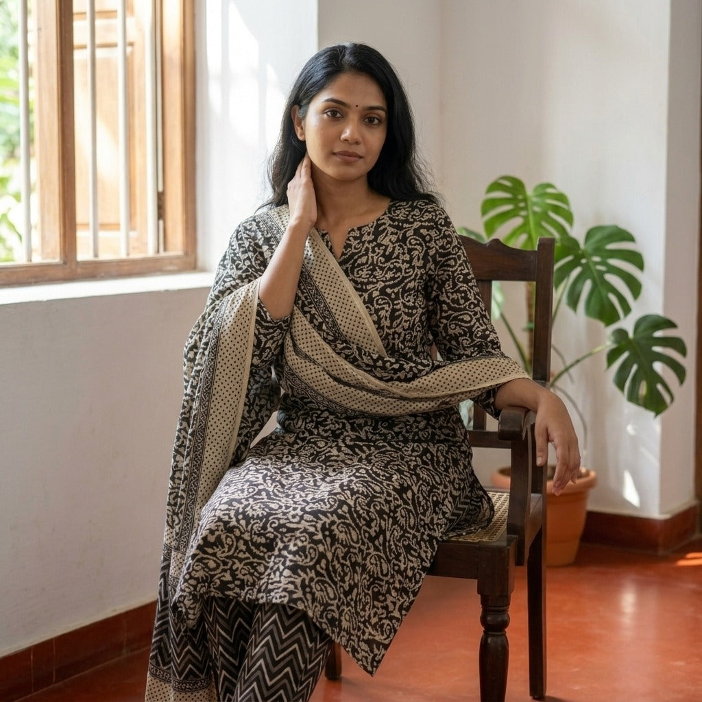Black Cotton Set Unstiched Material With Dupatta