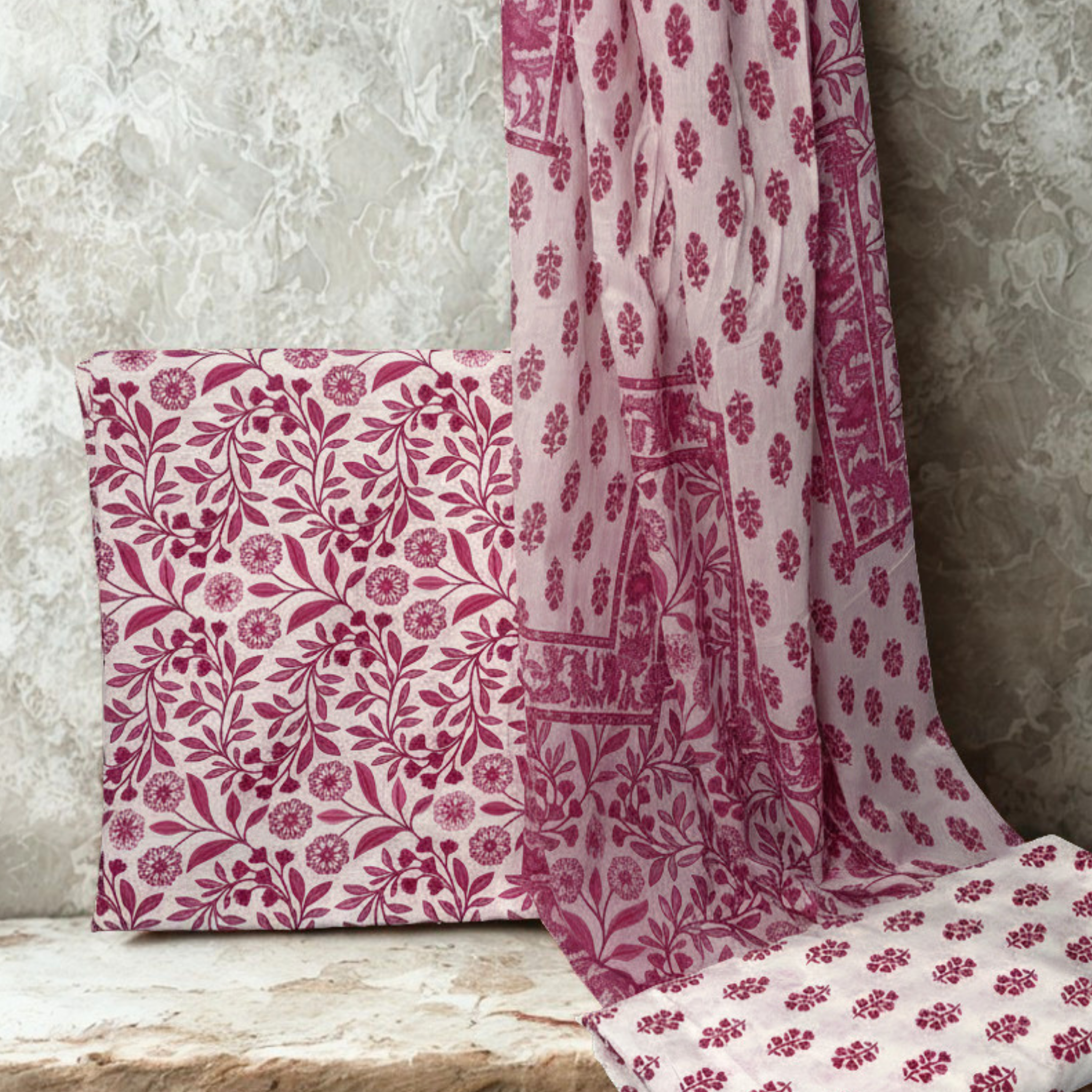 Pink and White Floral Cotton Set Material