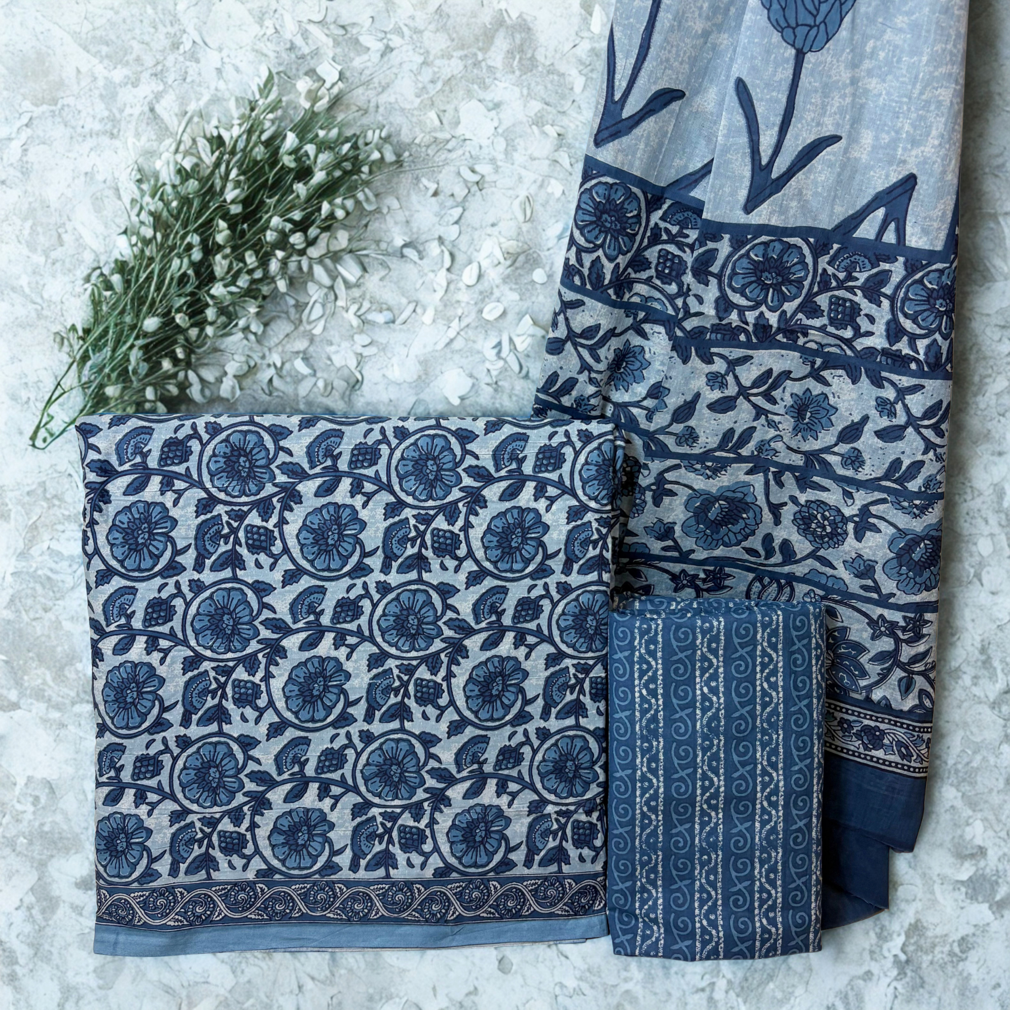 Blue Floral Cotton Set With Dupatta
