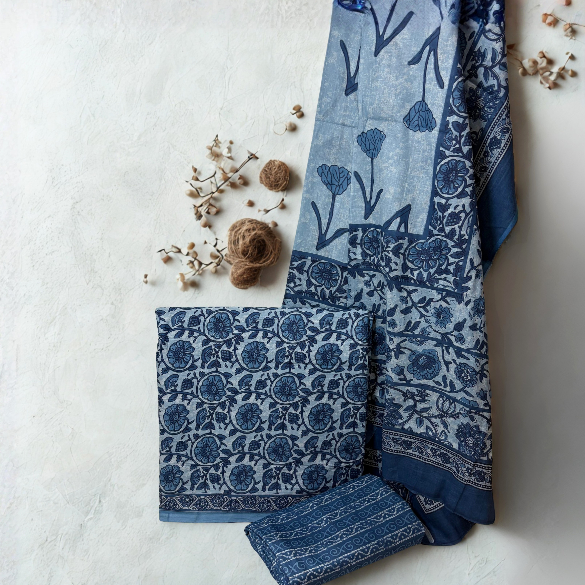 Blue Floral Cotton Set With Dupatta