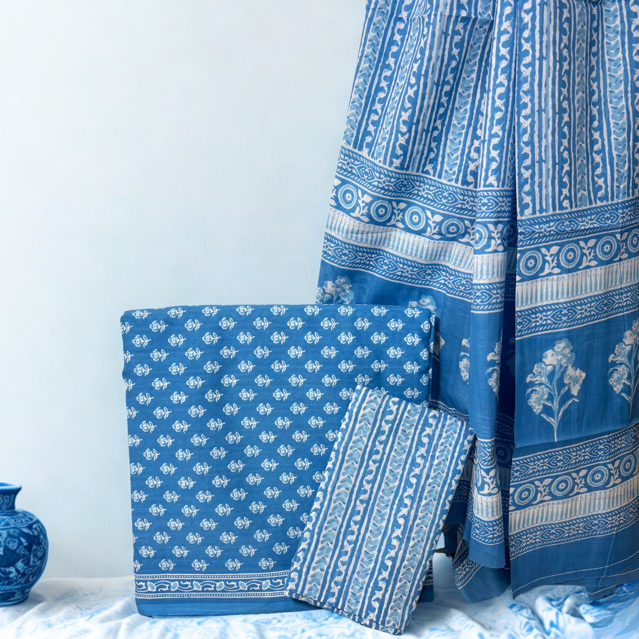 Blue Cotton Block Print Set with Dupatta