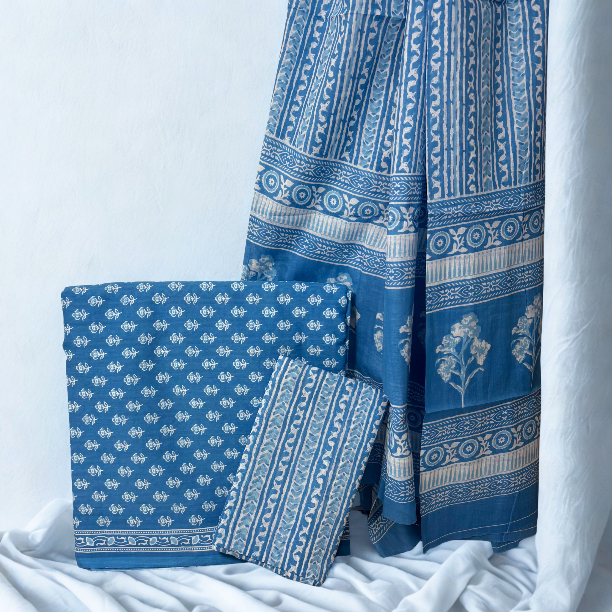 Blue Cotton Block Print Set with Dupatta