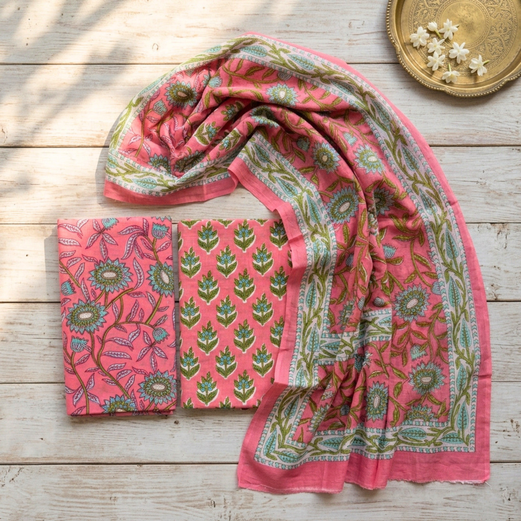 Coral cotton dupatta Set