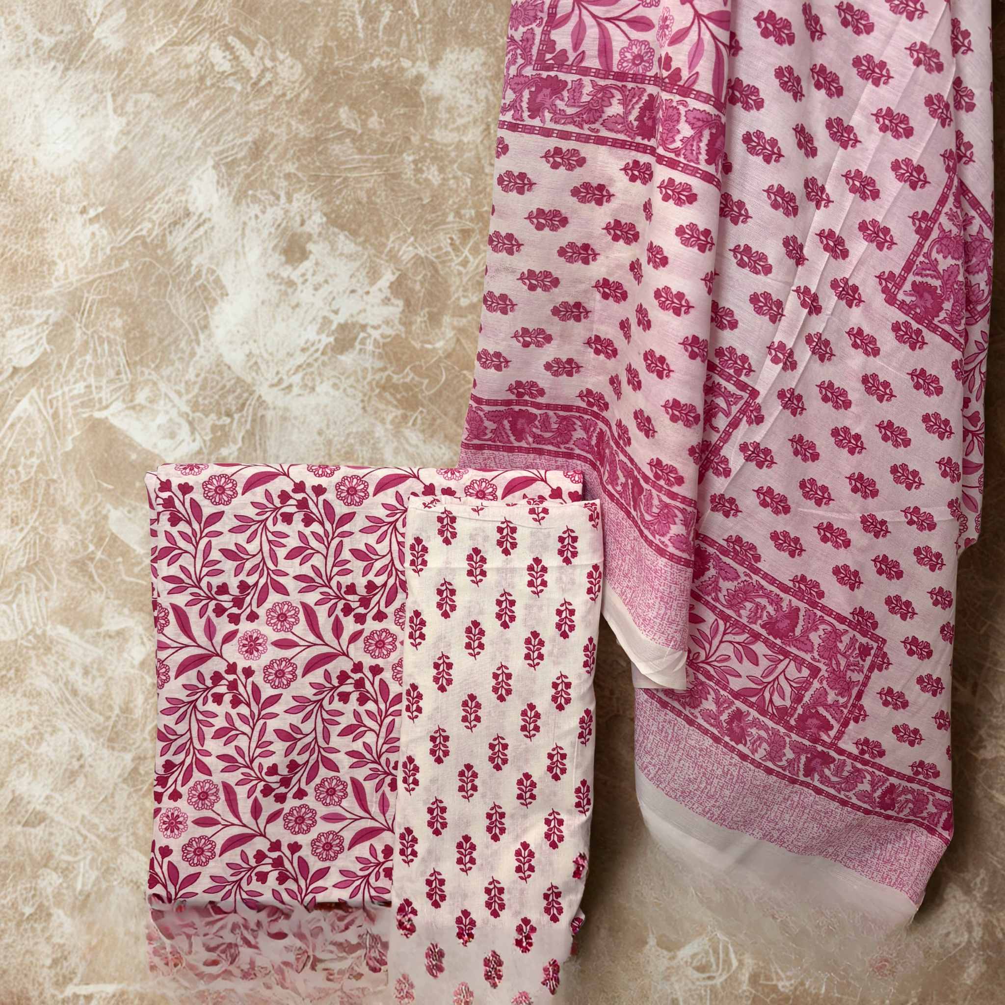 Pink and White Floral Cotton Set Material