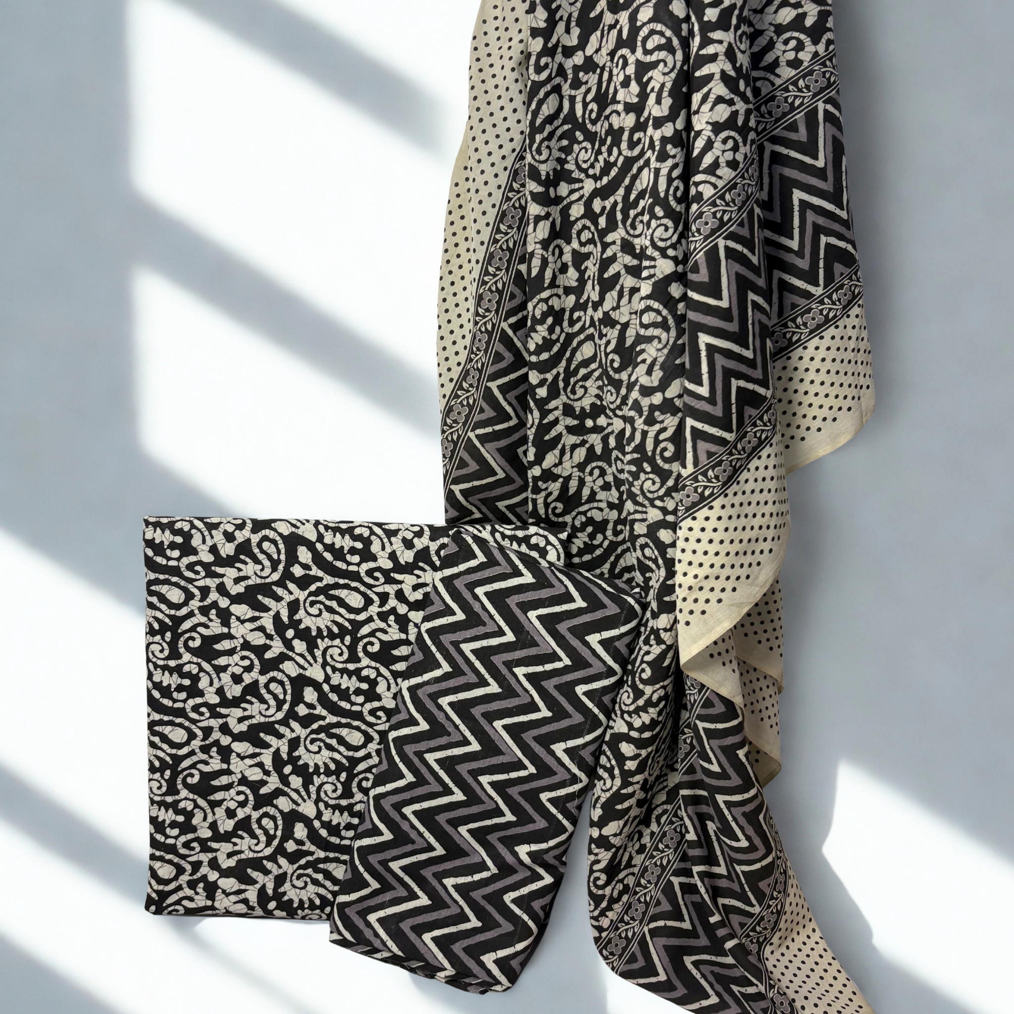 Black Cotton Set Unstiched Material With Dupatta