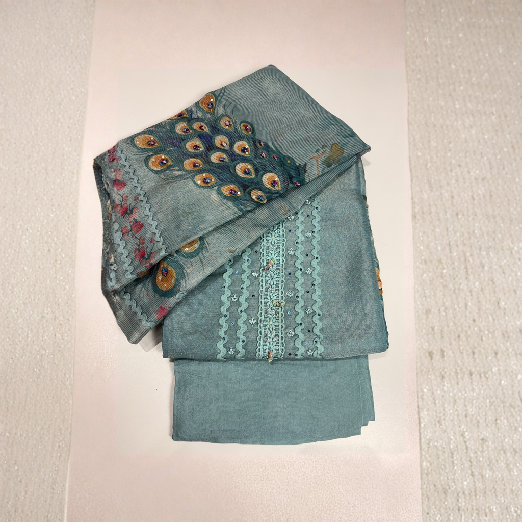 Blue Soft Organza Peacock Suit Set