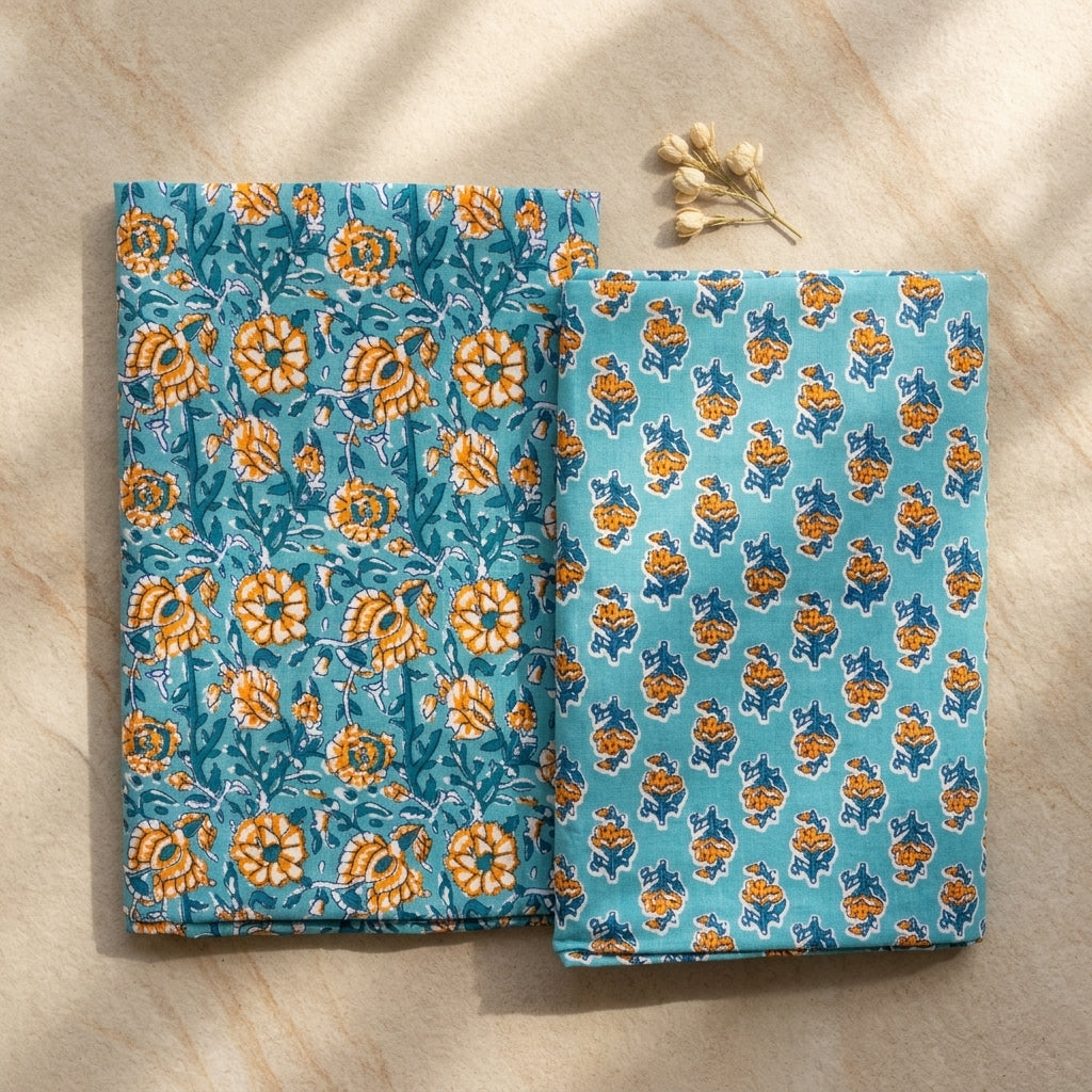 Blue Floral Cotton Cord Set Material