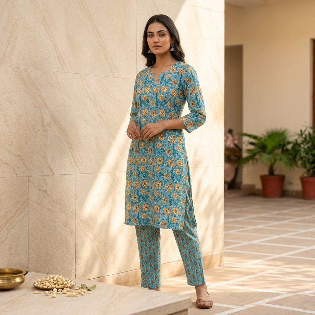 Blue Floral Cotton Cord Set Material
