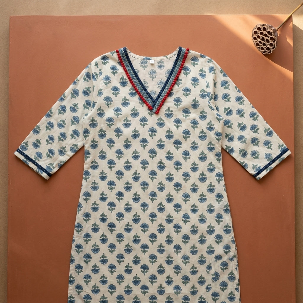 White and blue pattern neck Kurti Top