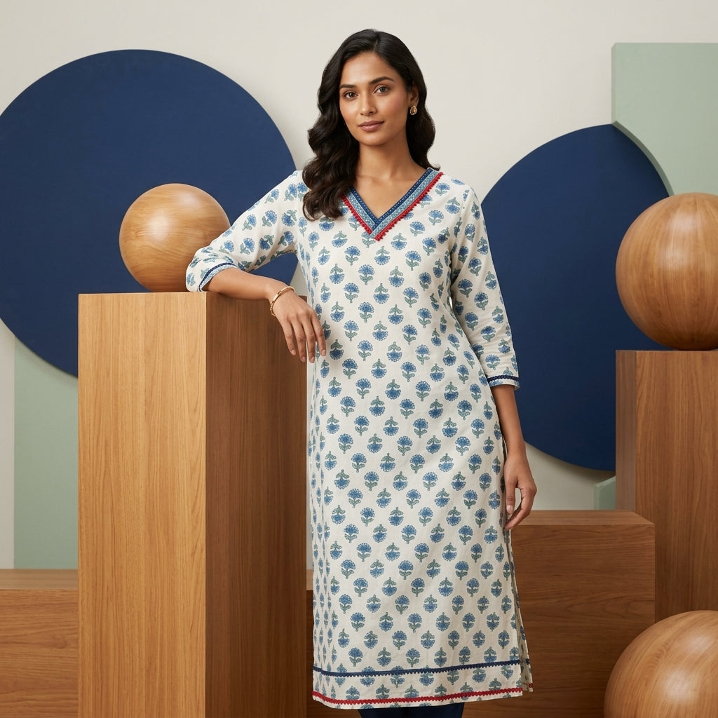 White and blue pattern neck Kurti Top