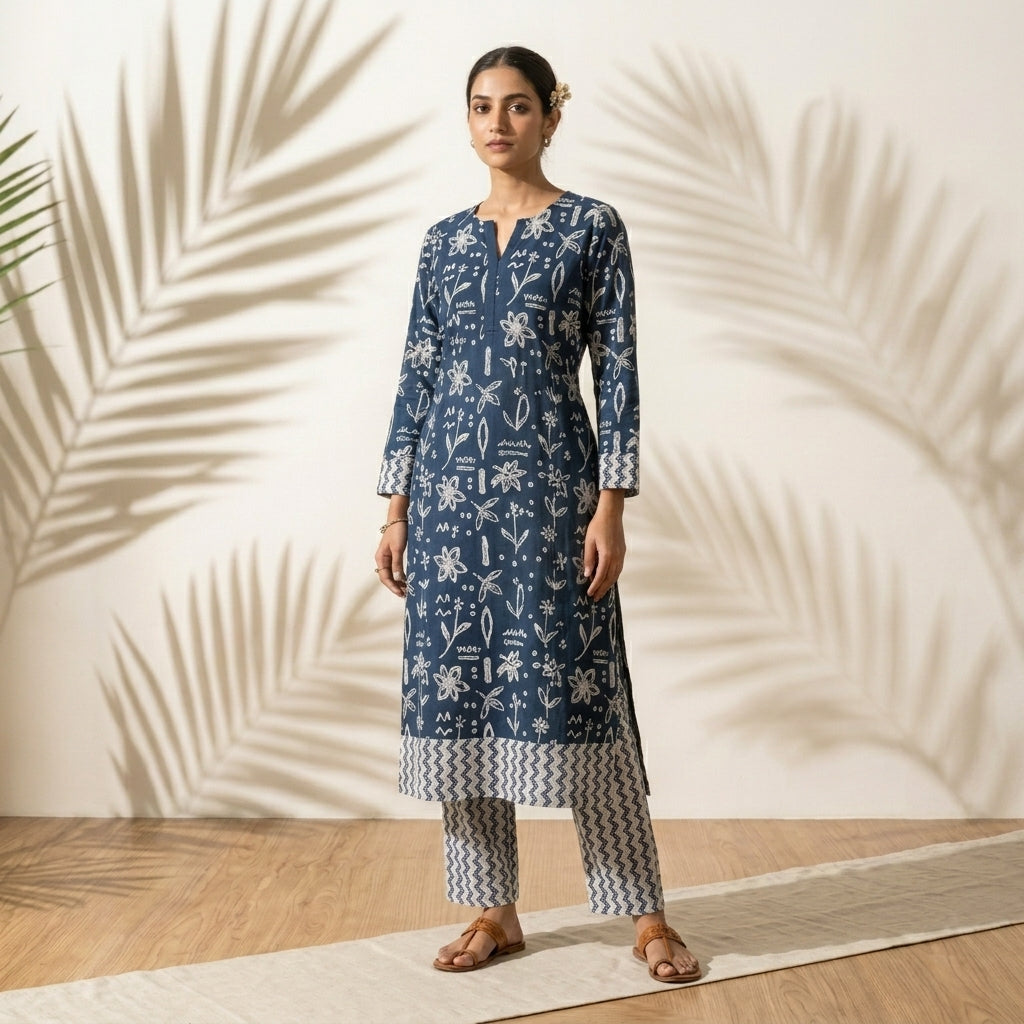 Indigo Blue Floral Cotton Cord Set