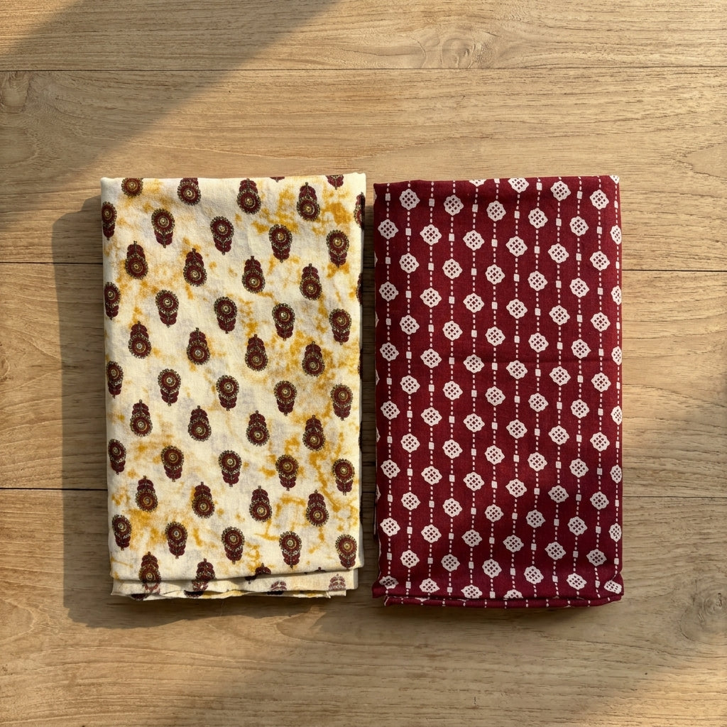 Cream and Maroon Cotton Cord Set Material