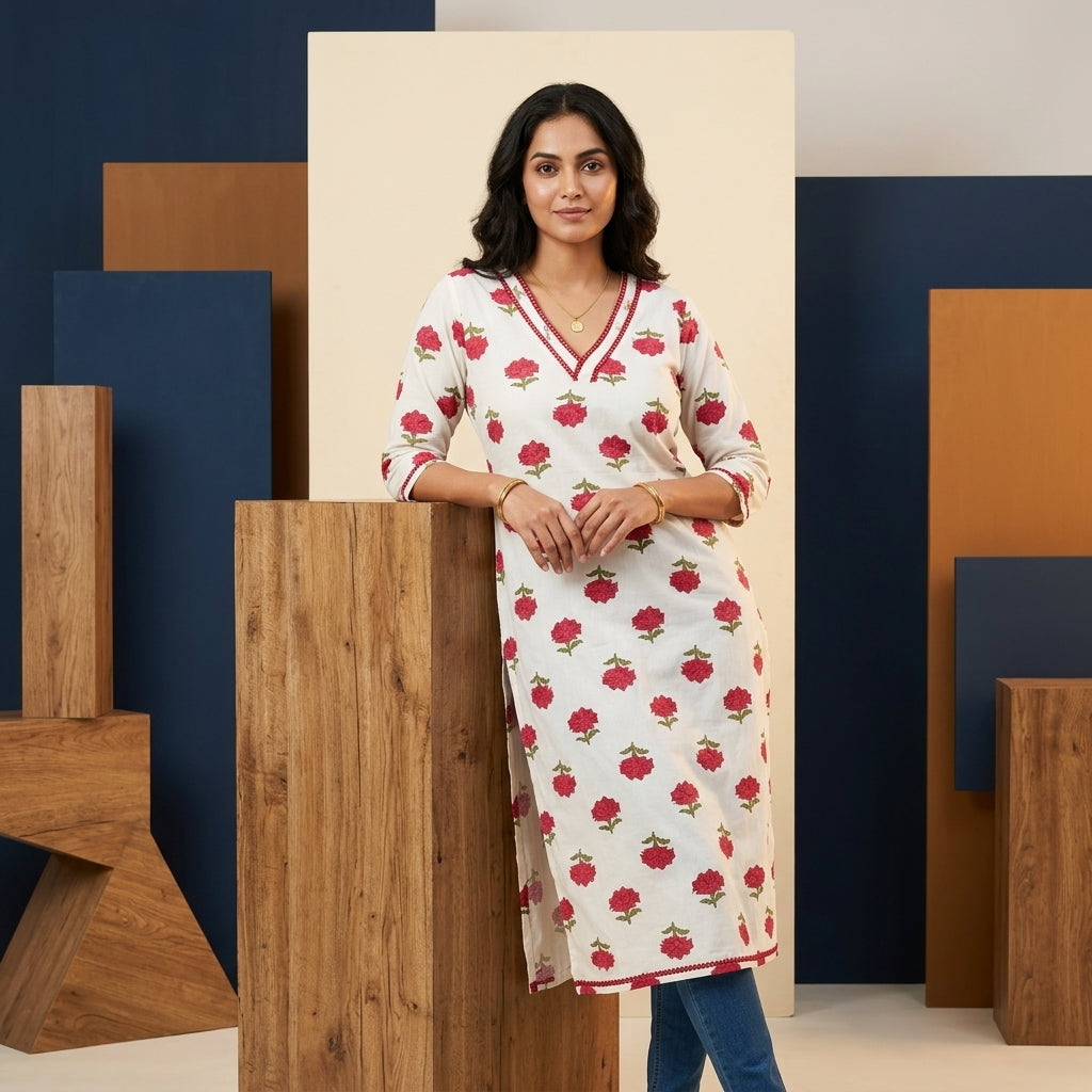 Red Rose Cotton Kurti Top