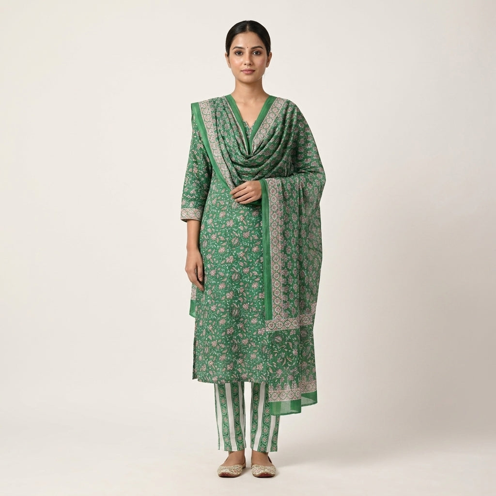 Emerald Green Cotton Dupatta Set