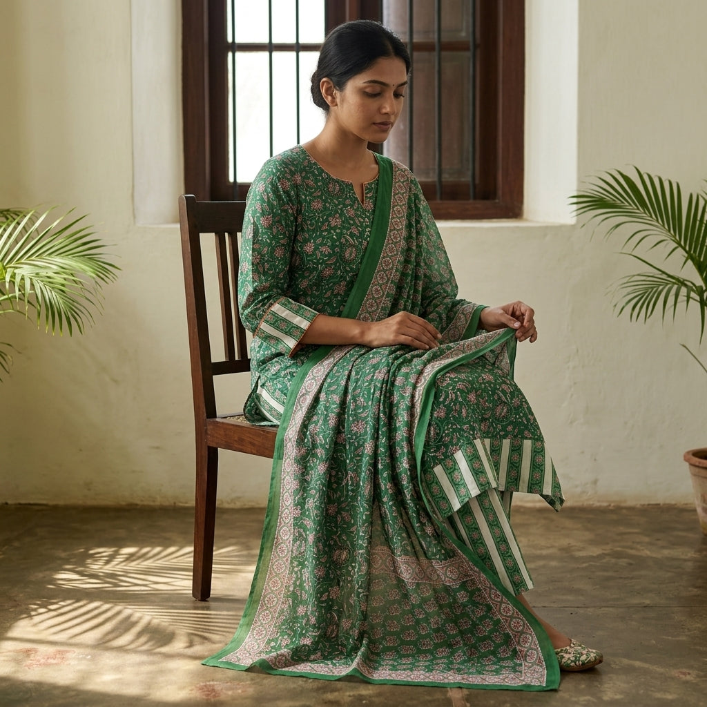 Emerald Green Cotton Dupatta Set