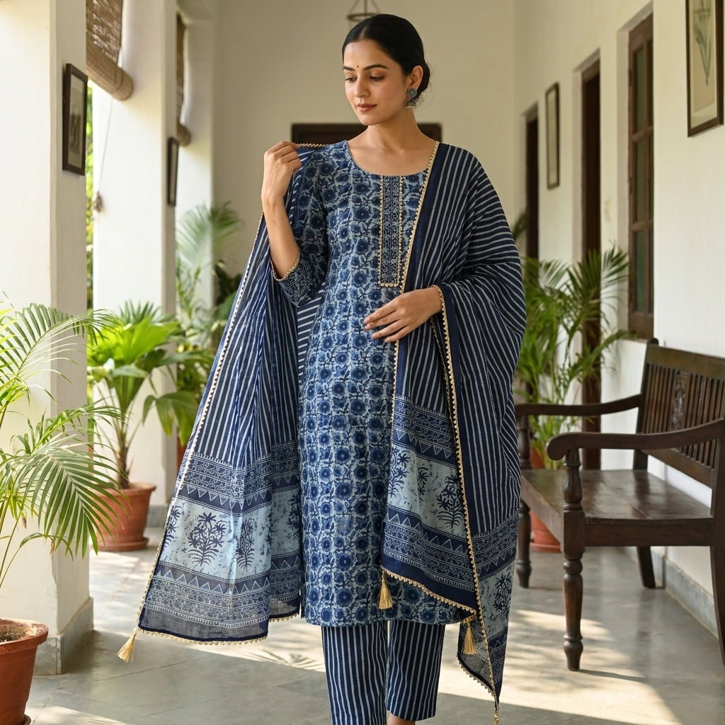 Blue Elegant Cotton Material Set