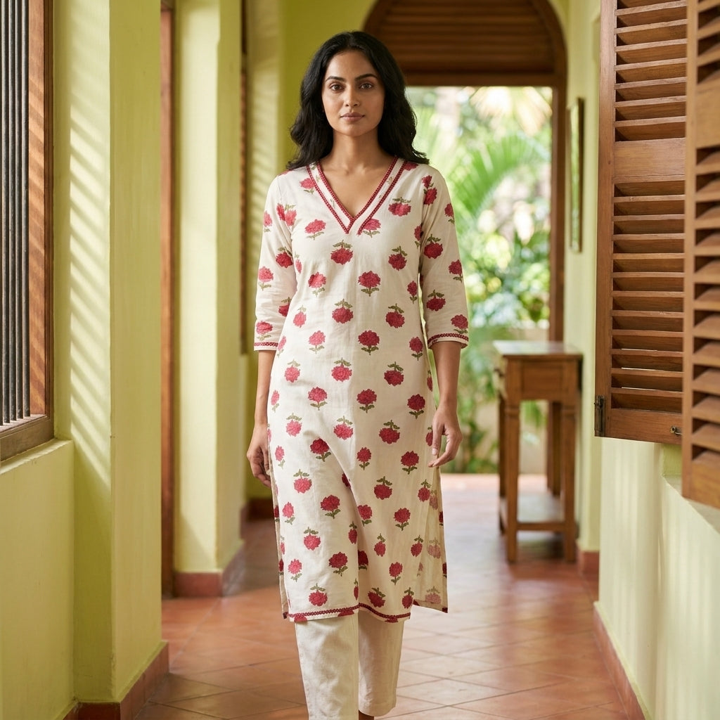 Red Rose Cotton Kurti Top