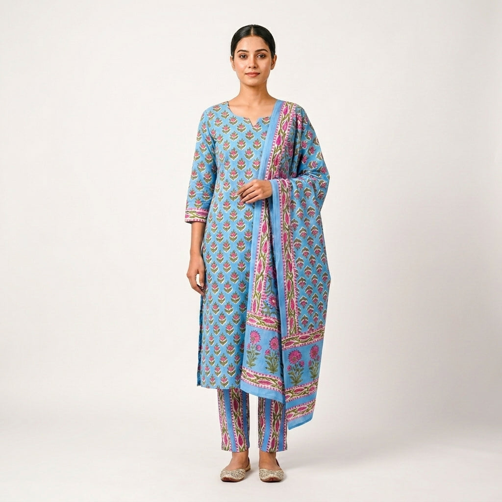 Pastel Blue Cotton Dupatta Set