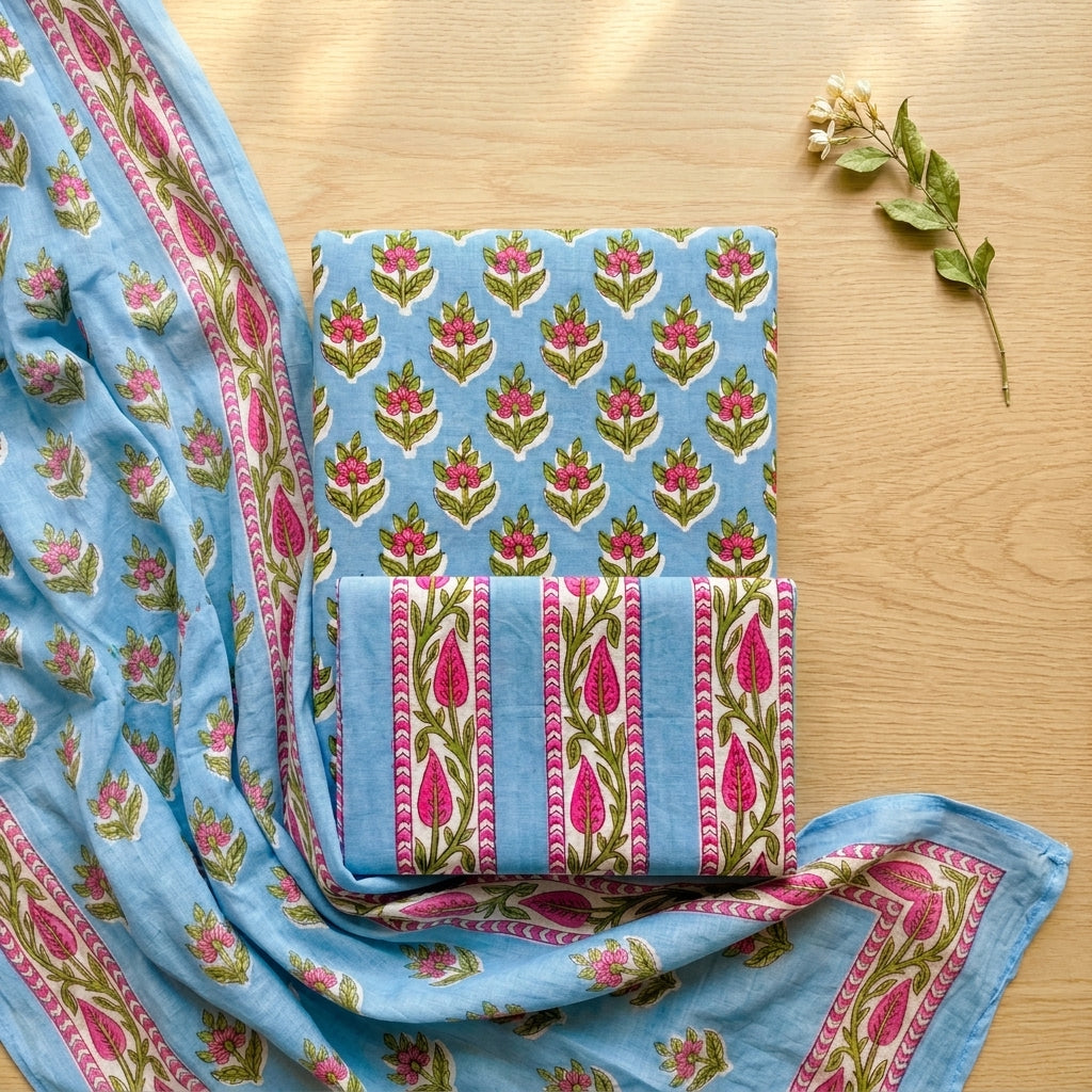 Pastel Blue Cotton Dupatta Set