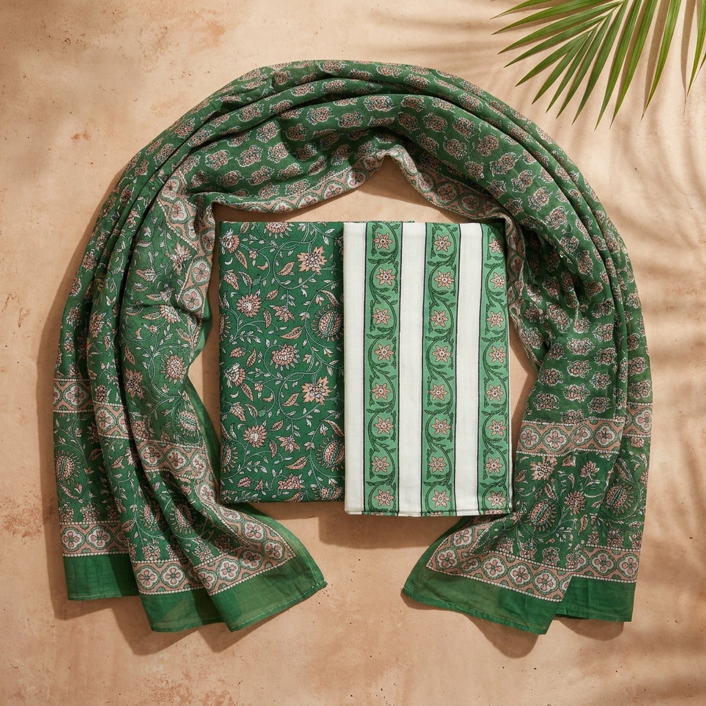 Emerald Green Cotton Dupatta Set