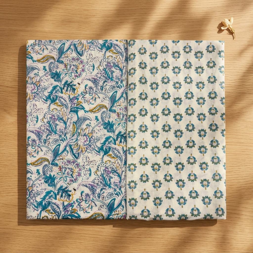 Cream and Blue Cord Set Material