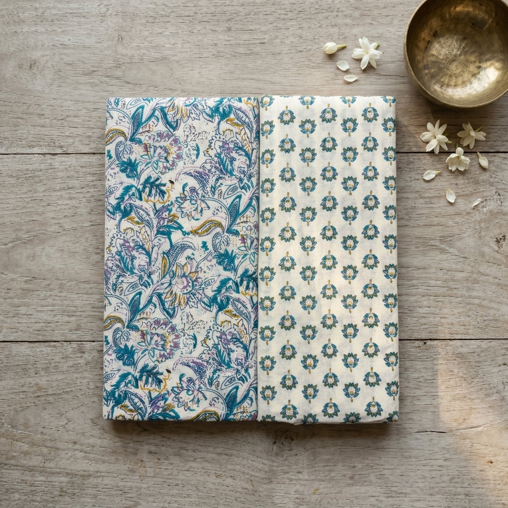 Cream and Blue Cord Set Material