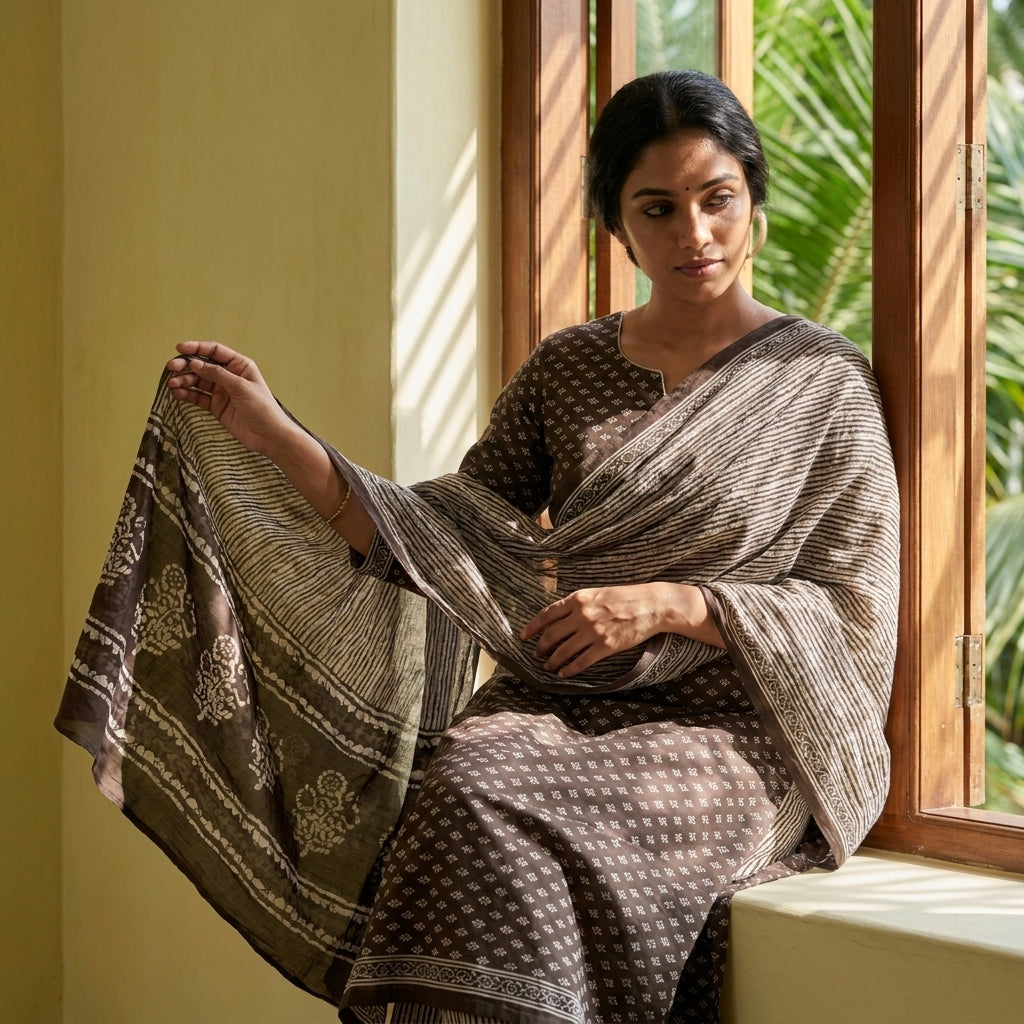 Coffee Brown Cotton Set With Dupatta