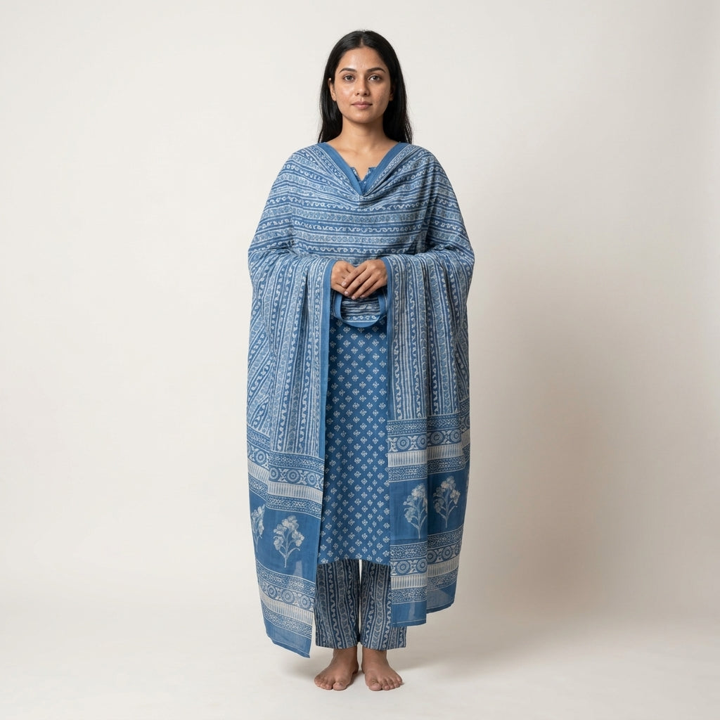 Blue Cotton Block Print Set with Dupatta