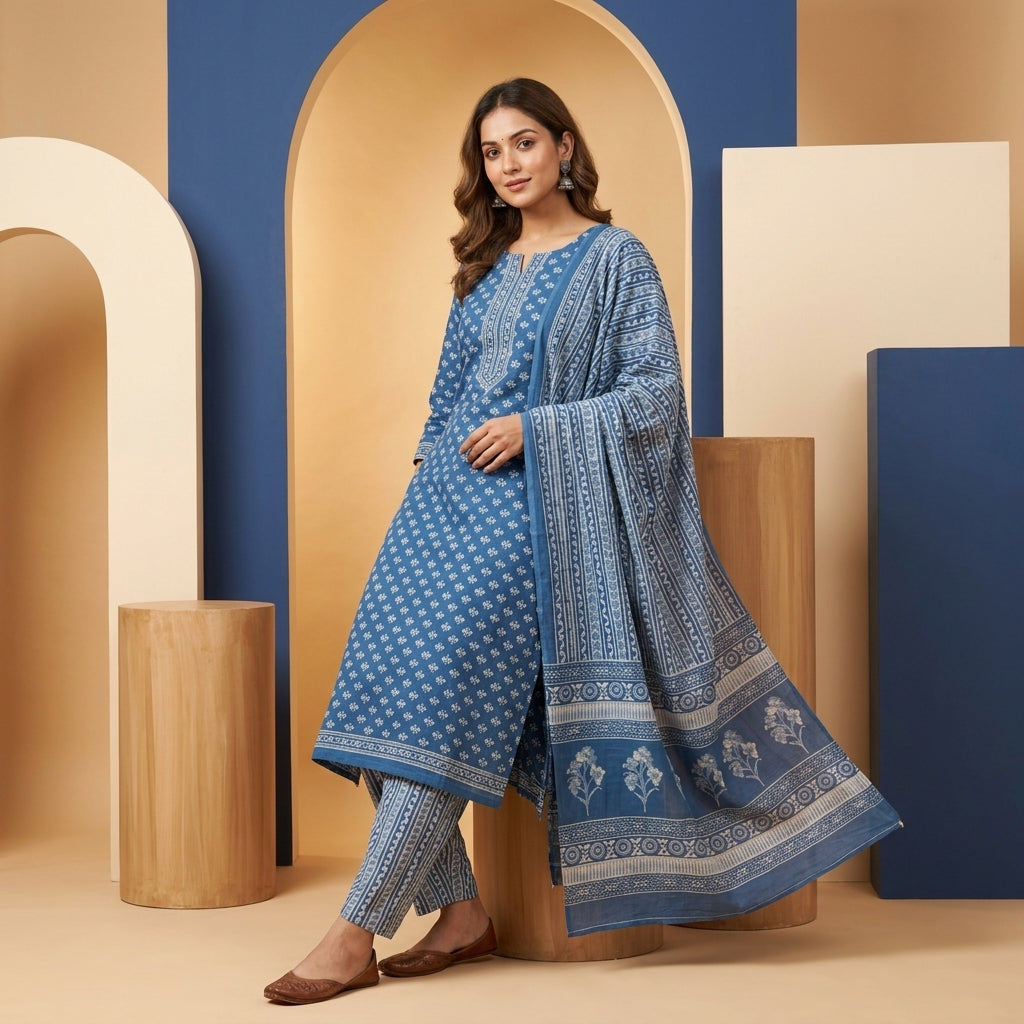 Blue Cotton Block Print Set with Dupatta