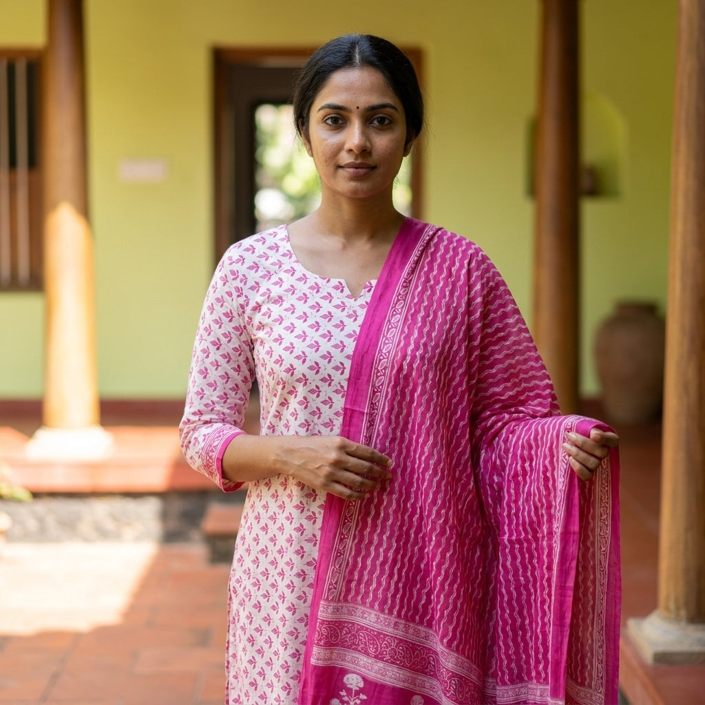 Pink Elegance Cotton Set with Dupatta