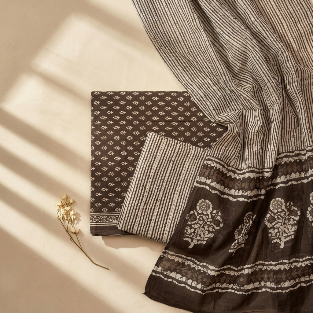 Coffee Brown Cotton Set With Dupatta