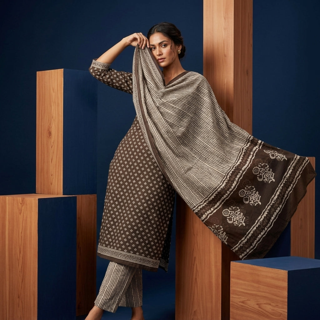 Coffee Brown Cotton Set With Dupatta
