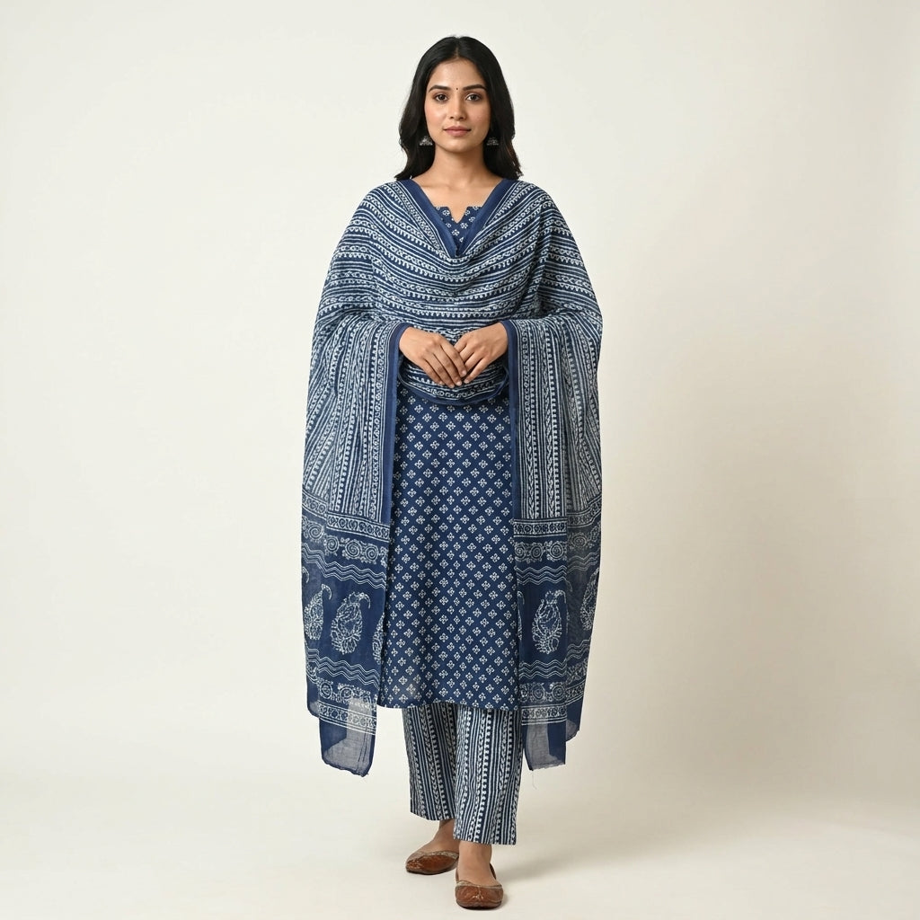 Indigo Blue Cotton Set with Dupatta