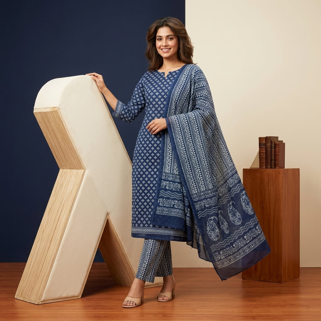 Indigo Blue Cotton Set with Dupatta