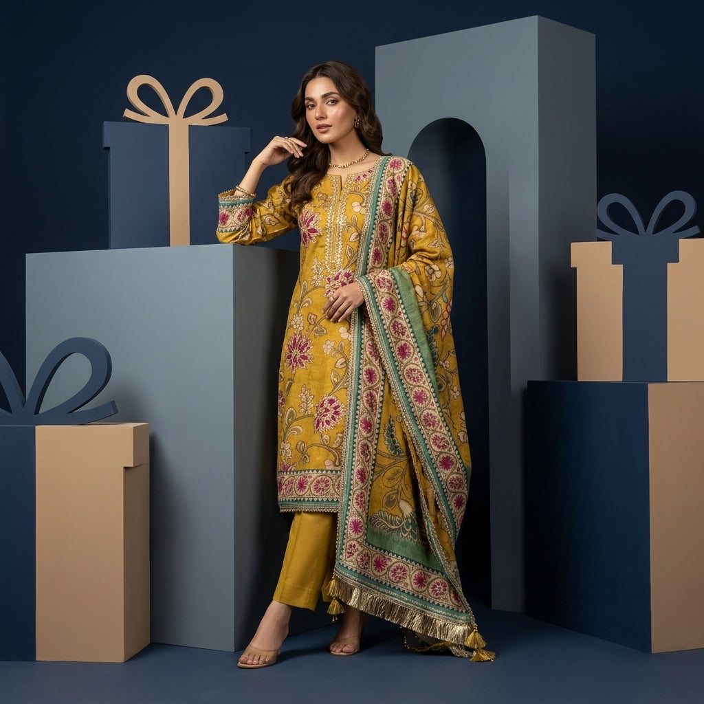 Mustard Yellow Muslin Party Wear Suit Set