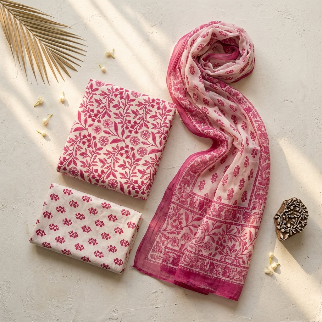 Pink and White Floral Cotton Set Material