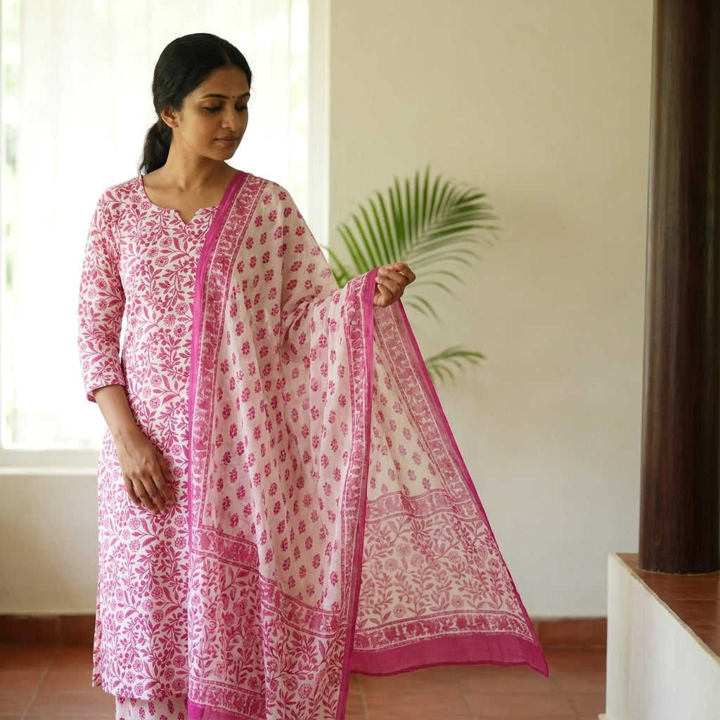 Pink and White Floral Cotton Set Material