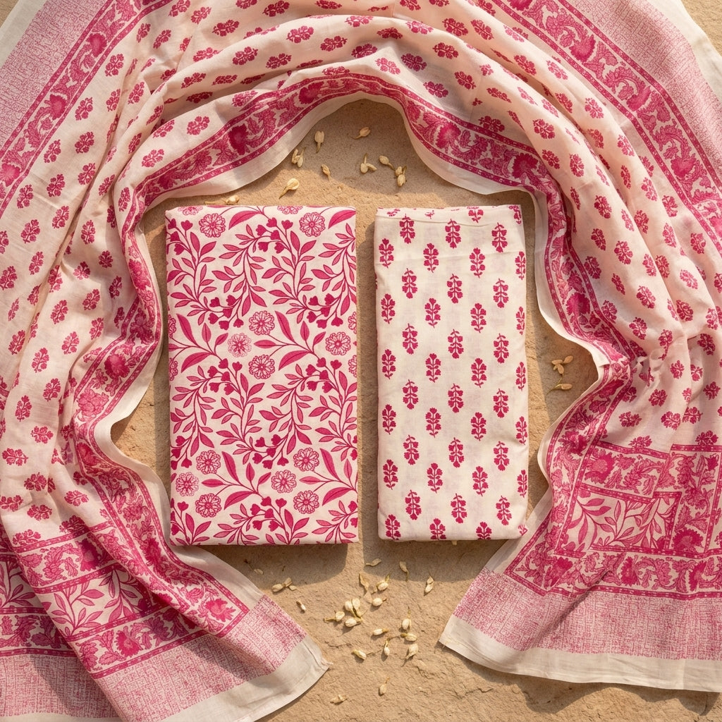 Pink and White Floral Cotton Set Material
