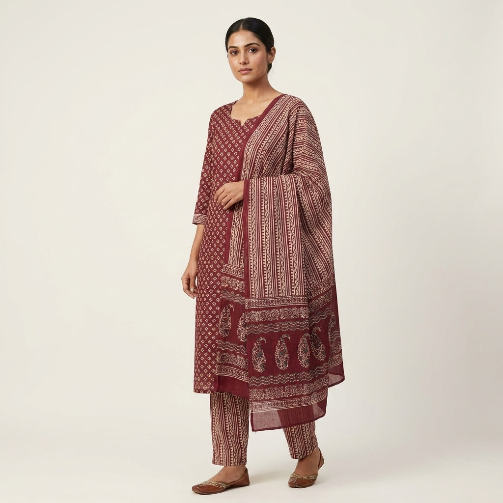 Maroon Elegant Cotton Set with Dupatta