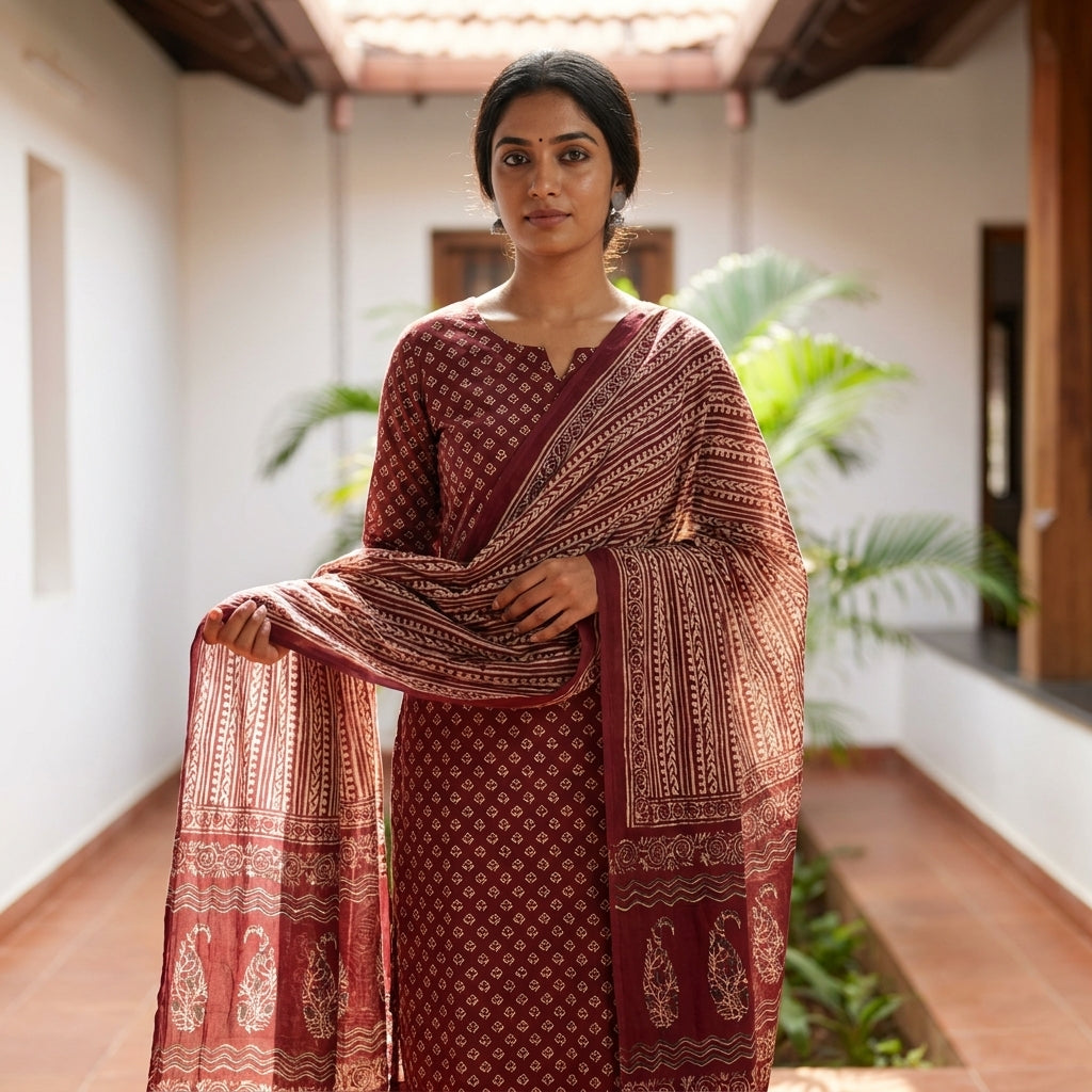 Maroon Elegant Cotton Set with Dupatta
