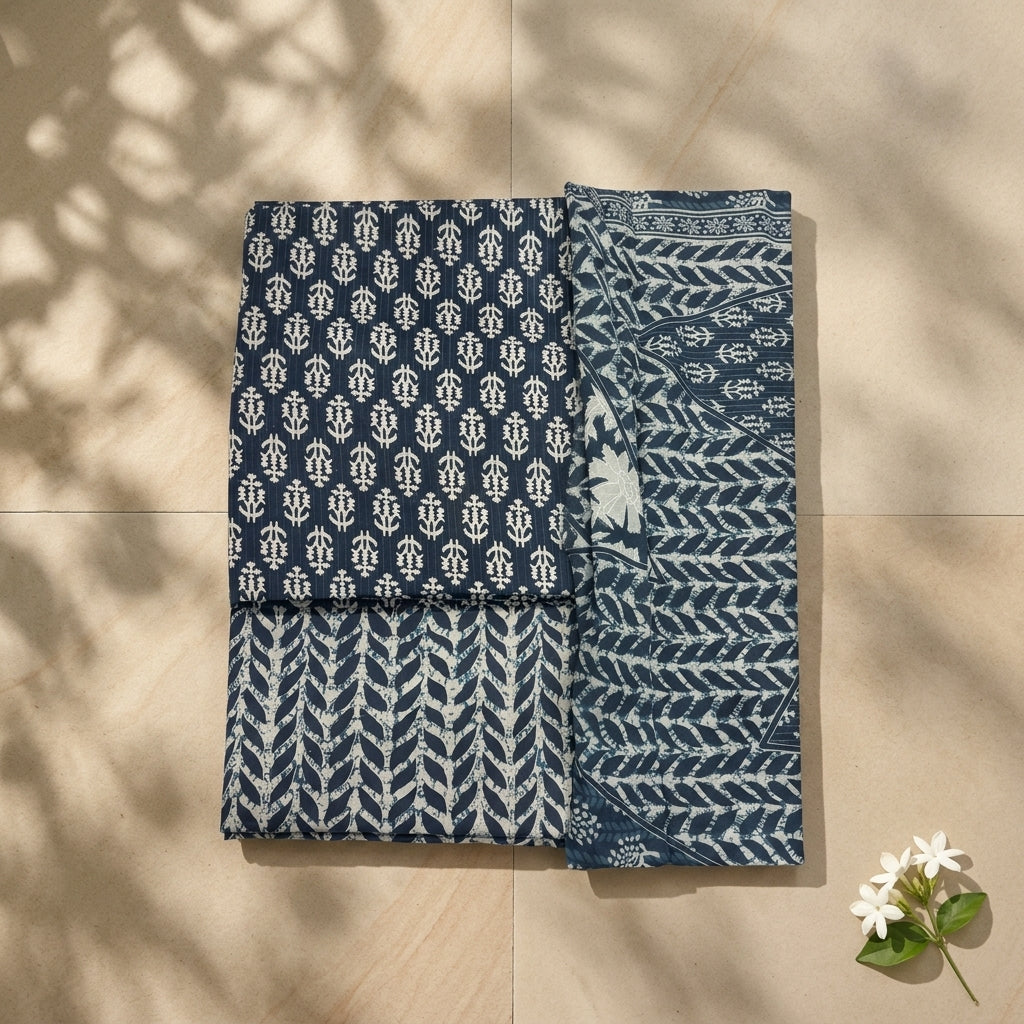 Indigo Blue Cotton Set With Dupatta
